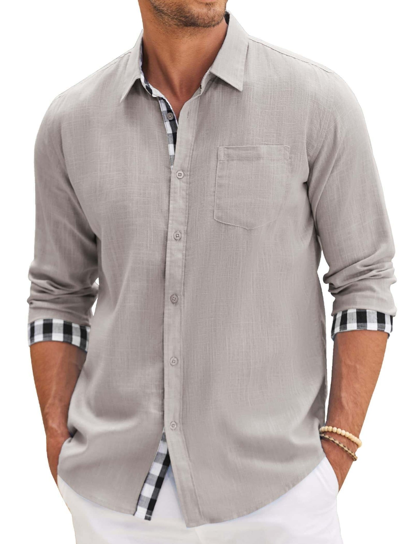 10-PARK Men's Cotton Aand Linen Simple Basic Plaid Pocket Classic Long-Sleeved Shirt