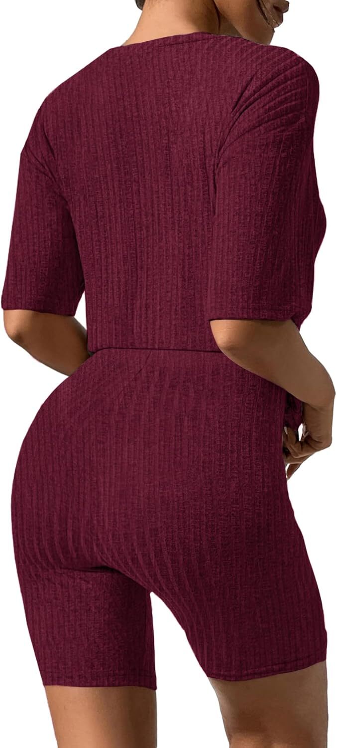2 Piece Lounge Sets Ribbed Knit Matching Outfits T-shirt Biker Shorts Sleepwear Loungewear Sweatsuits