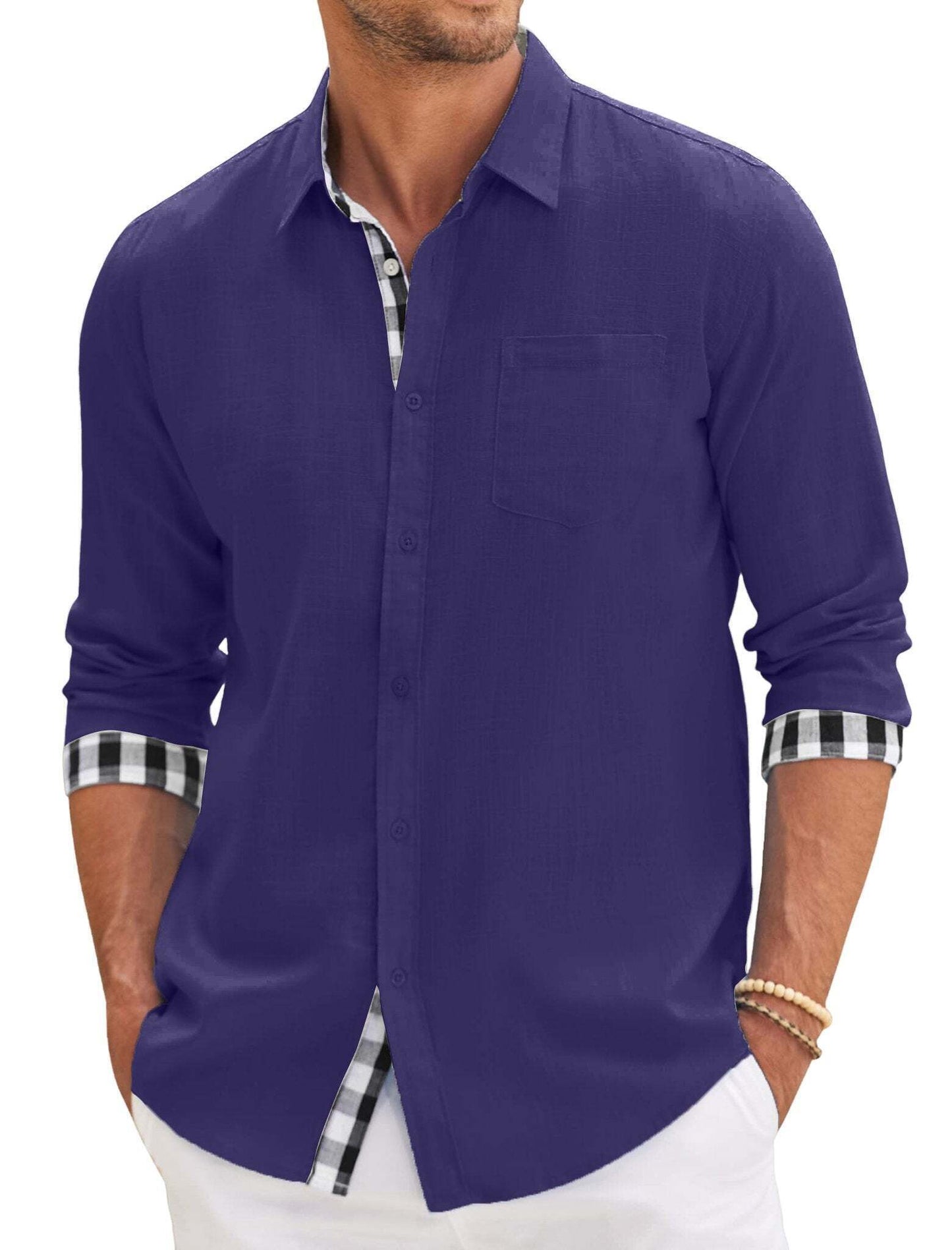 10-PARK Men's Cotton Aand Linen Simple Basic Plaid Pocket Classic Long-Sleeved Shirt