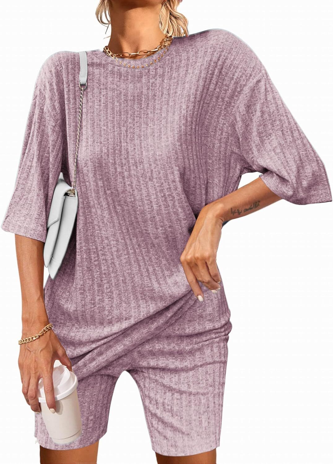 2 Piece Lounge Sets Ribbed Knit Matching Outfits T-shirt Biker Shorts Sleepwear Loungewear Sweatsuits