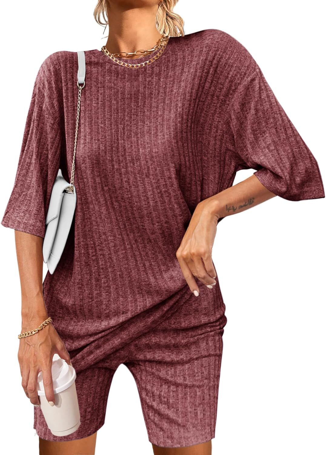 2 Piece Lounge Sets Ribbed Knit Matching Outfits T-shirt Biker Shorts Sleepwear Loungewear Sweatsuits