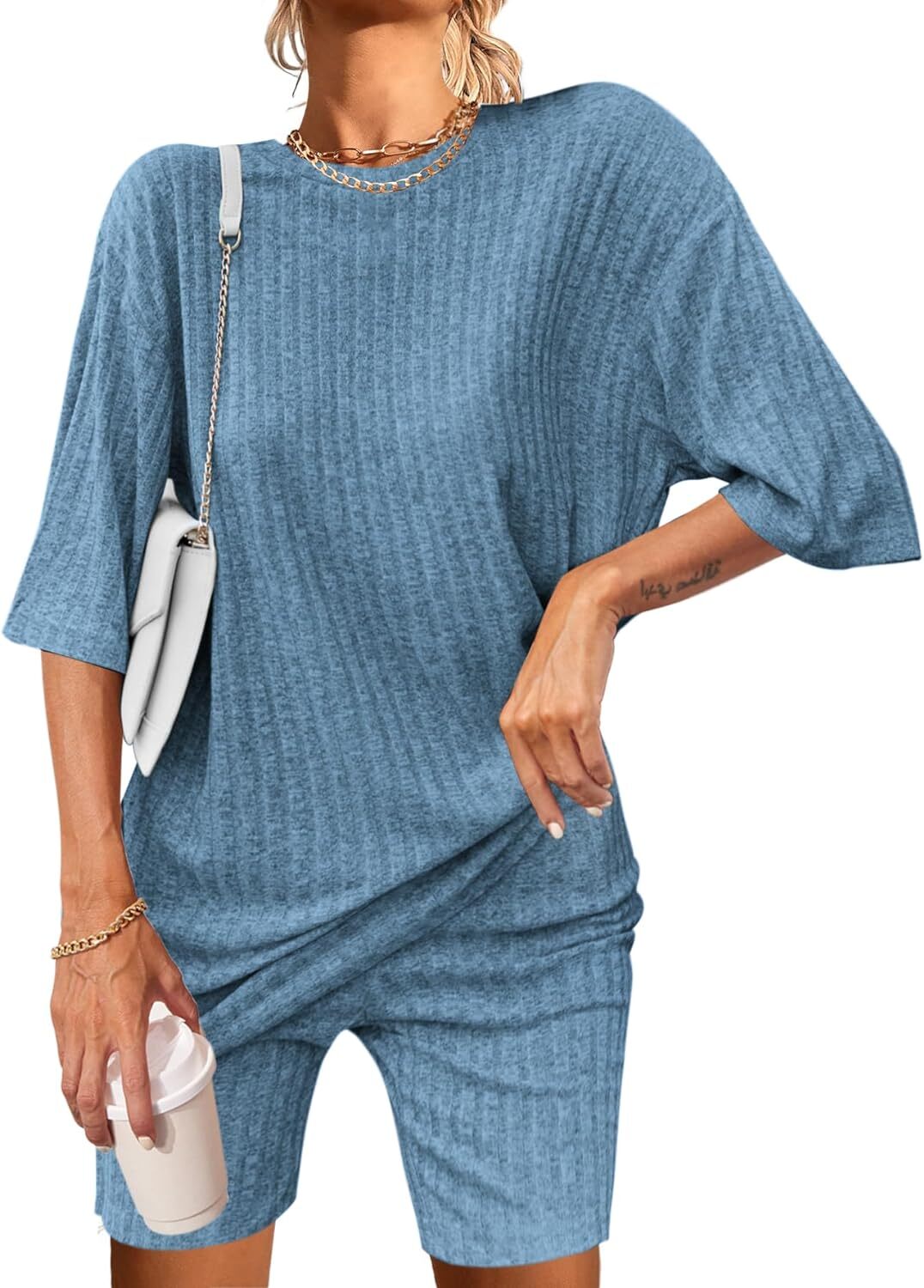 2 Piece Lounge Sets Ribbed Knit Matching Outfits T-shirt Biker Shorts Sleepwear Loungewear Sweatsuits