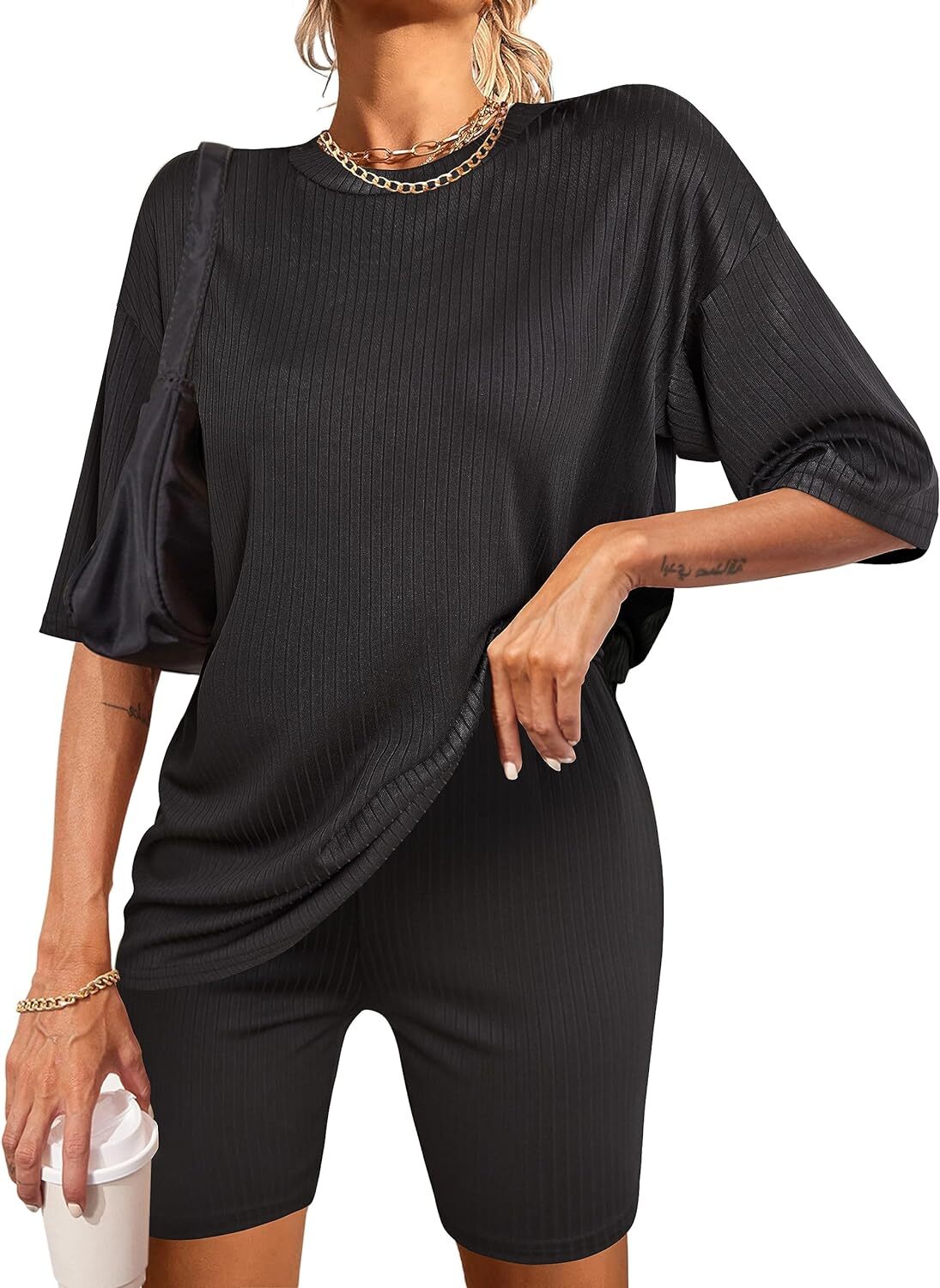 2 Piece Lounge Sets Ribbed Knit Matching Outfits T-shirt Biker Shorts Sleepwear Loungewear Sweatsuits