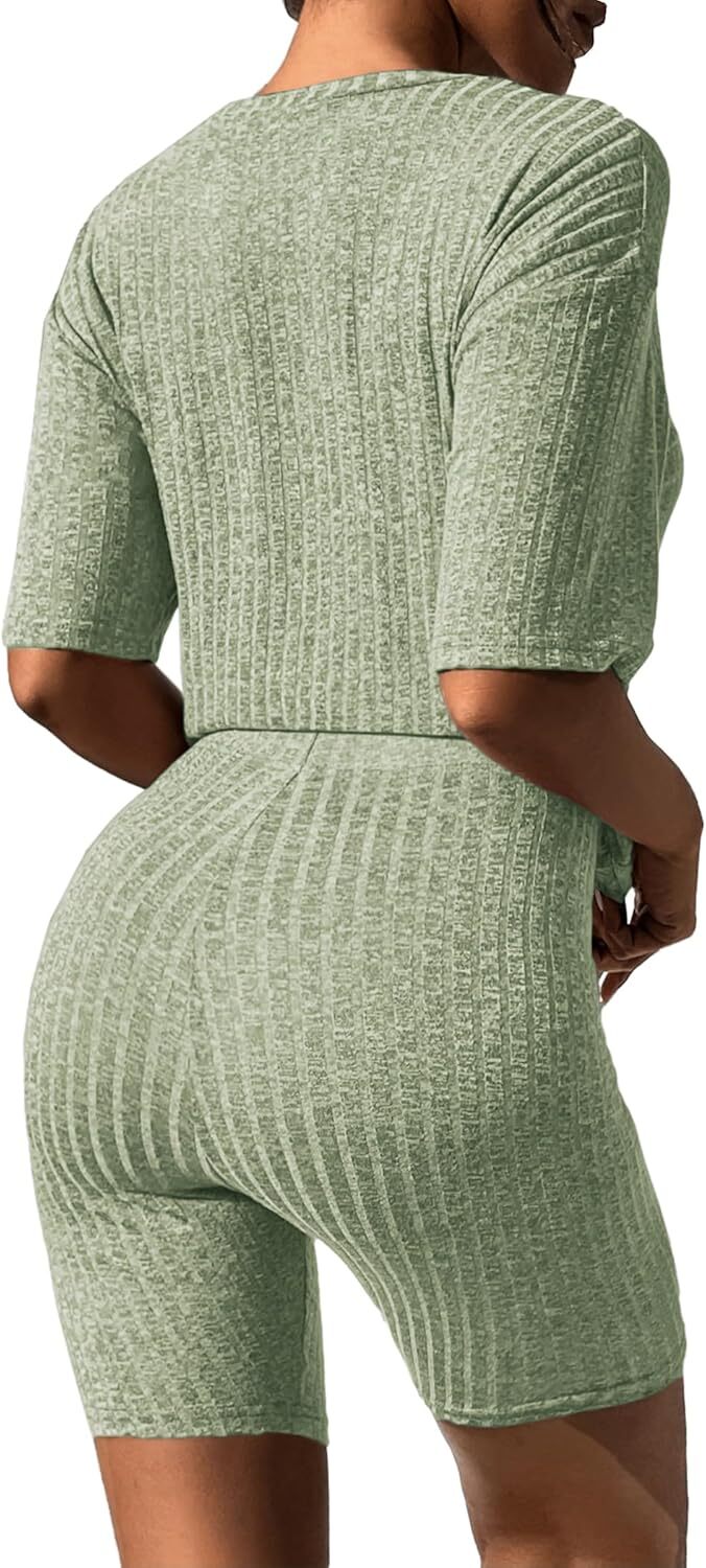2 Piece Lounge Sets Ribbed Knit Matching Outfits T-shirt Biker Shorts Sleepwear Loungewear Sweatsuits