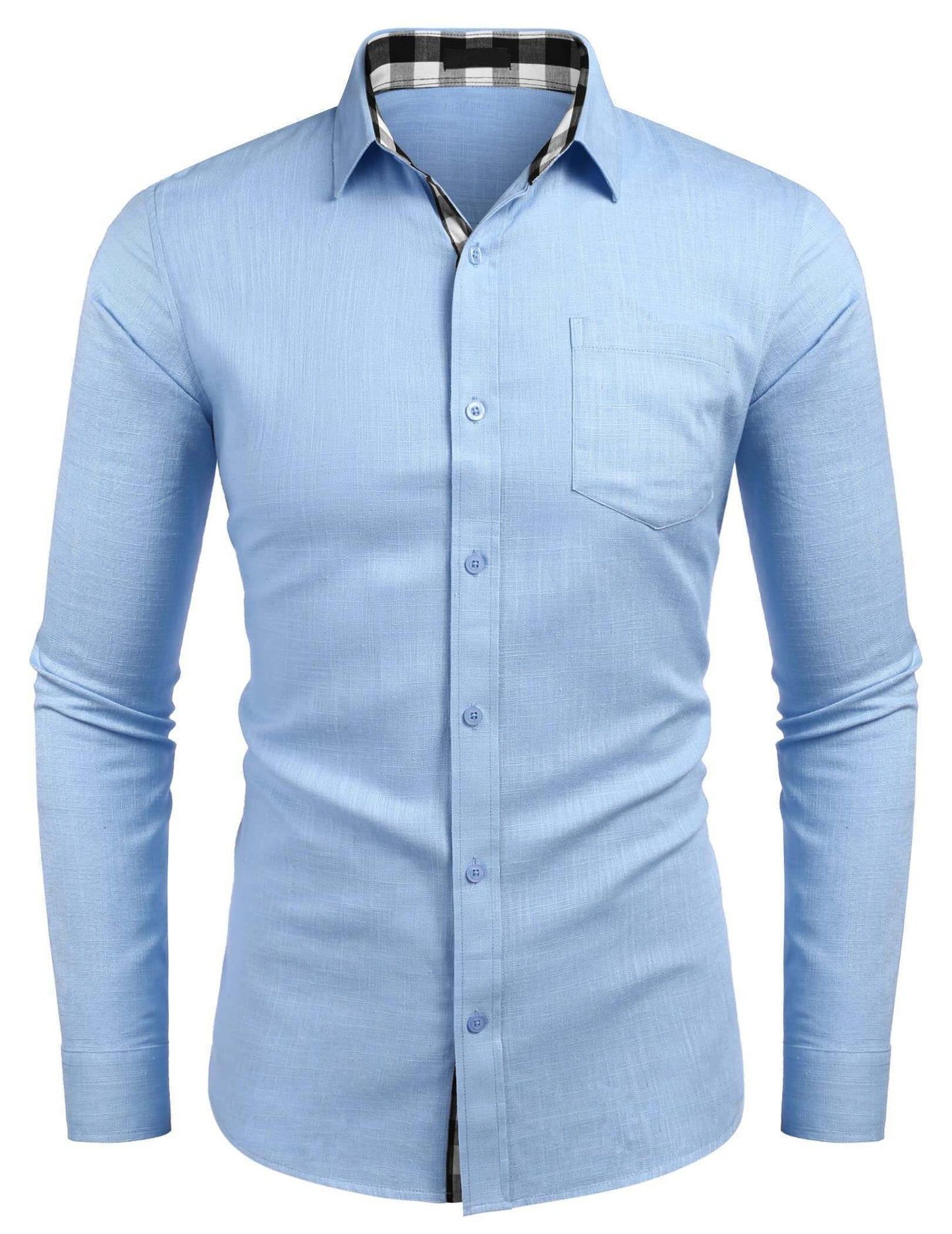 10-PARK Men's Cotton Aand Linen Simple Basic Plaid Pocket Classic Long-Sleeved Shirt