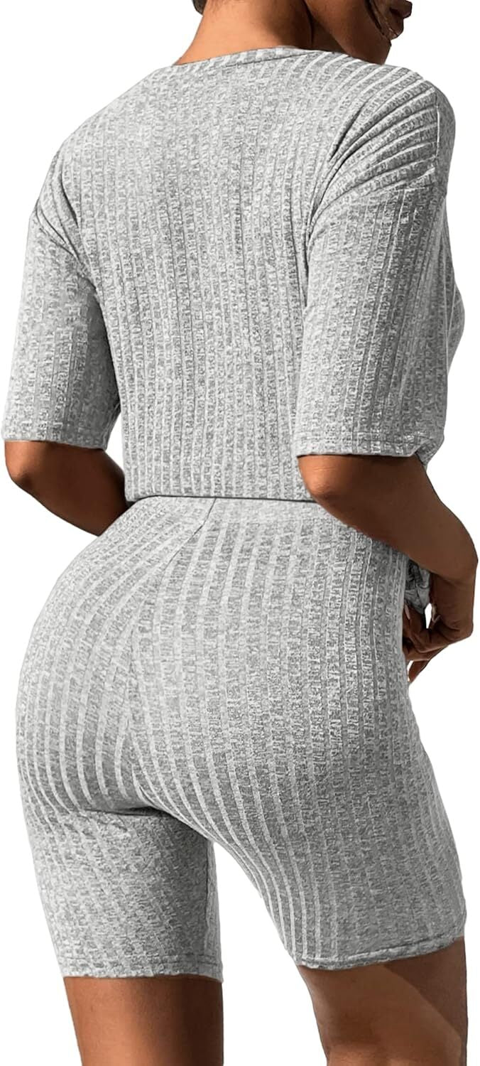 2 Piece Lounge Sets Ribbed Knit Matching Outfits T-shirt Biker Shorts Sleepwear Loungewear Sweatsuits