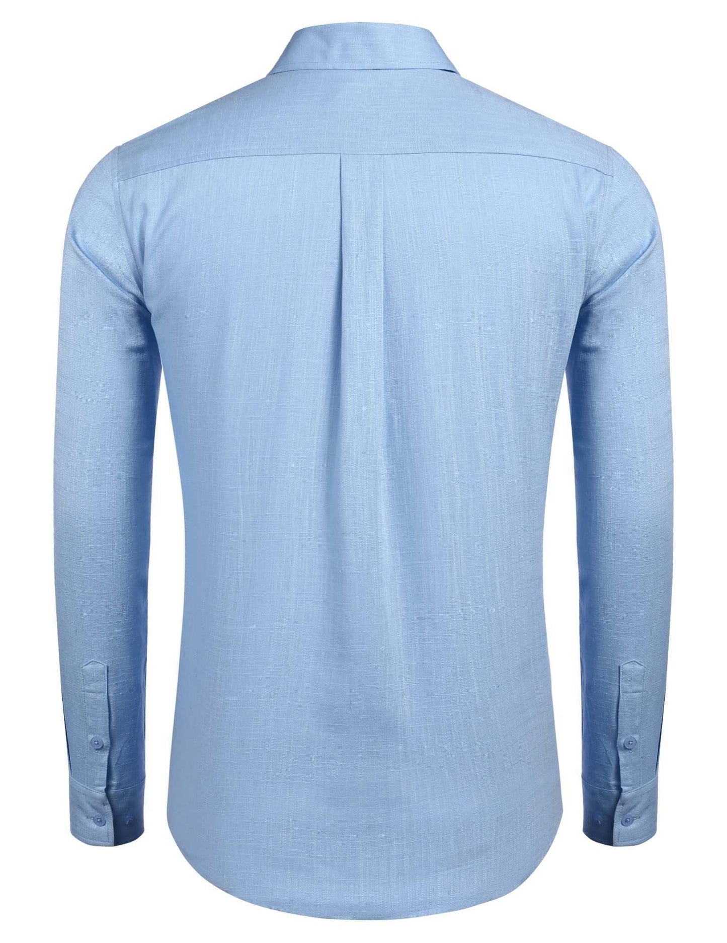 10-PARK Men's Cotton Aand Linen Simple Basic Plaid Pocket Classic Long-Sleeved Shirt