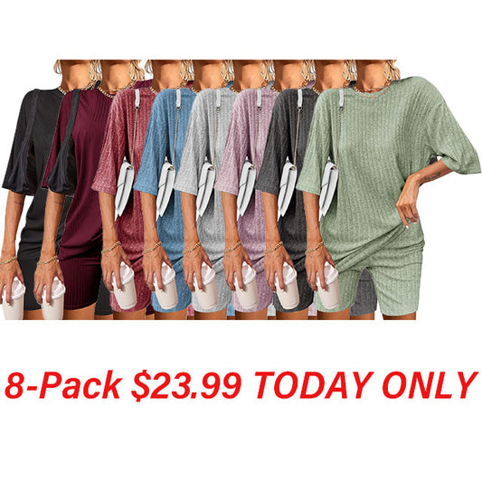 2 Piece Lounge Sets Ribbed Knit Matching Outfits T-shirt Biker Shorts Sleepwear Loungewear Sweatsuits