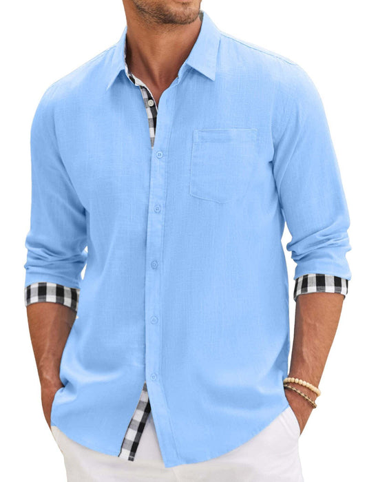 10-PARK Men's Cotton Aand Linen Simple Basic Plaid Pocket Classic Long-Sleeved Shirt