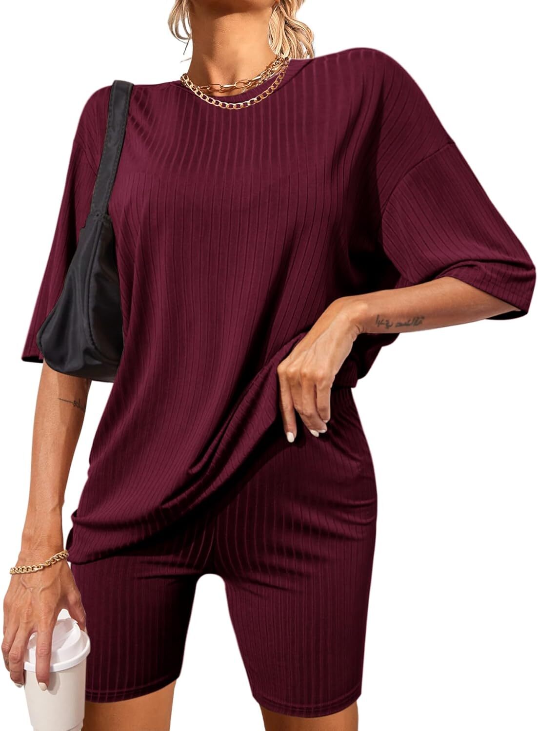 2 Piece Lounge Sets Ribbed Knit Matching Outfits T-shirt Biker Shorts Sleepwear Loungewear Sweatsuits